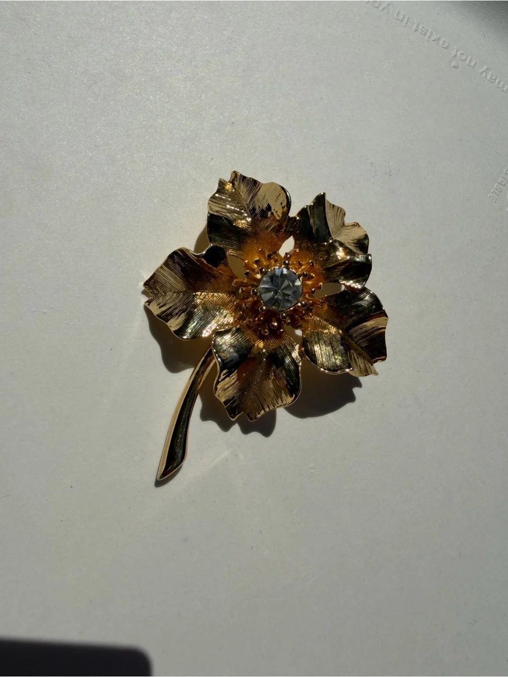 Gold Flower Brooch with Clear Crystal Center - New View